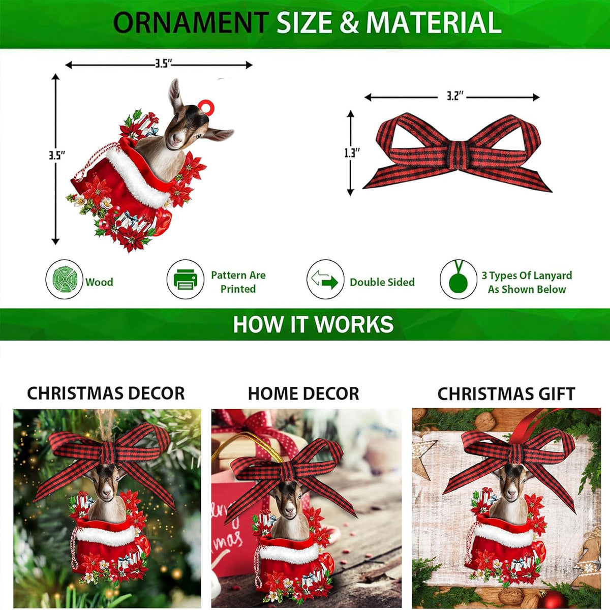 Talataca Goat 2D Flat Wooden Christmas Ornament, Goat Farm Animal in Red Santa Gift Bag Pine Tree Decor, Hanging House Charm Eve Keepsake, Wood Car Mirror Accessories, Xmas Gift