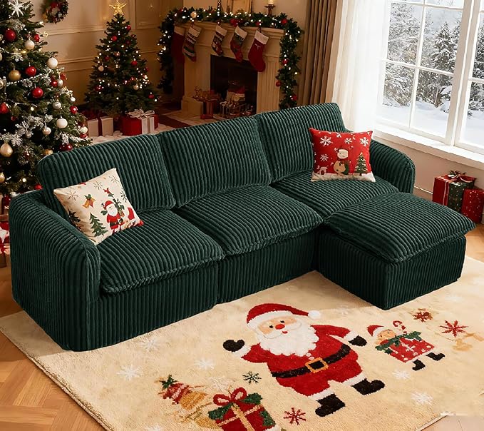 110'' Boneless Modular Cloud Couch for Living Room, Comfy Cloud Modular Sectional Couch with Ottoman, Convertible L Shaped Couches for Apartment, Dorm, No Assembly Required, Green Corduroy