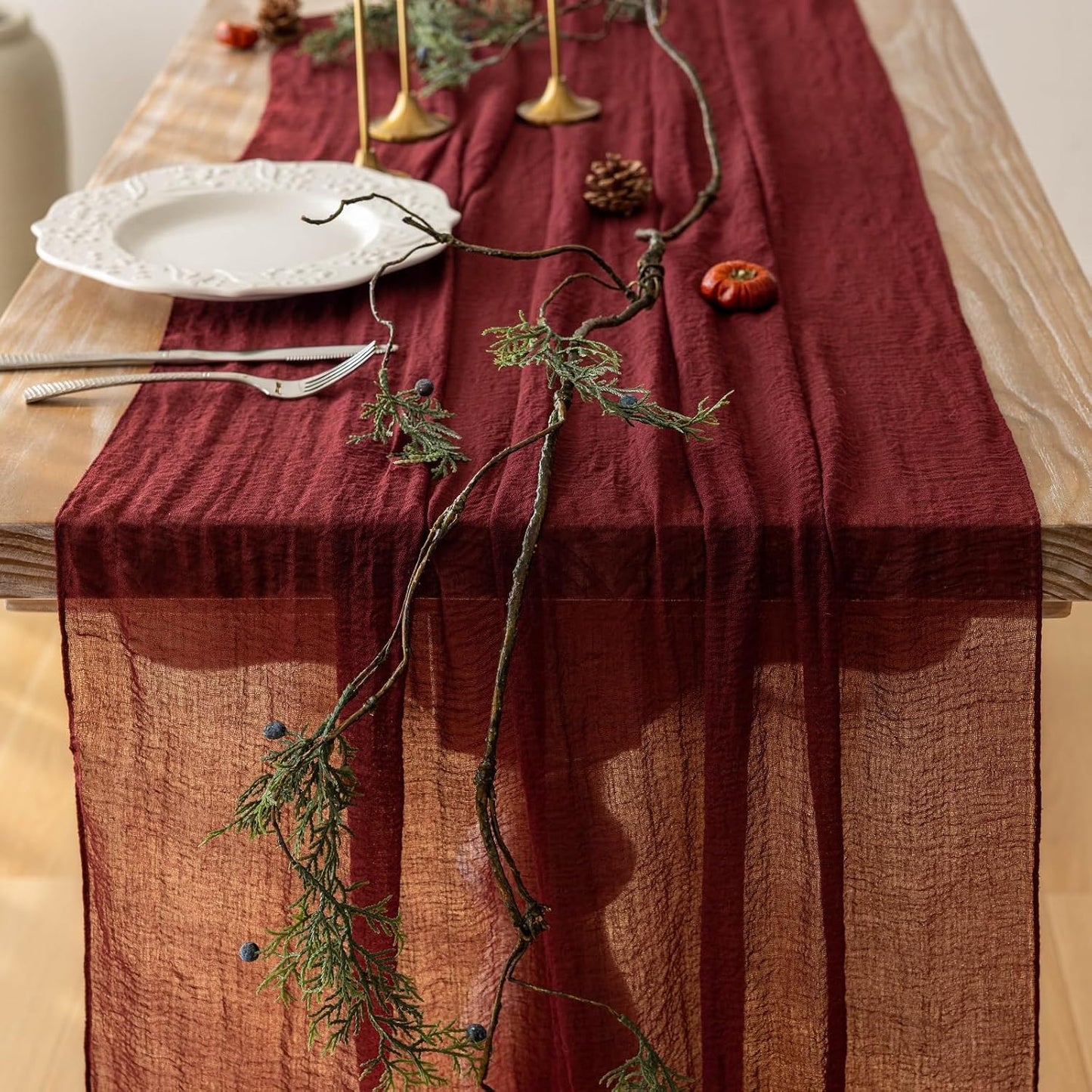 6pcs Burgundy Cheesecloth Table Runner Gauze 120 Inch 10 FT Rustic Boho Cheese Cloth Runner for Wedding Baby Shower Bridal Shower Engagement Birthday Party Long Sheer Home Decorations