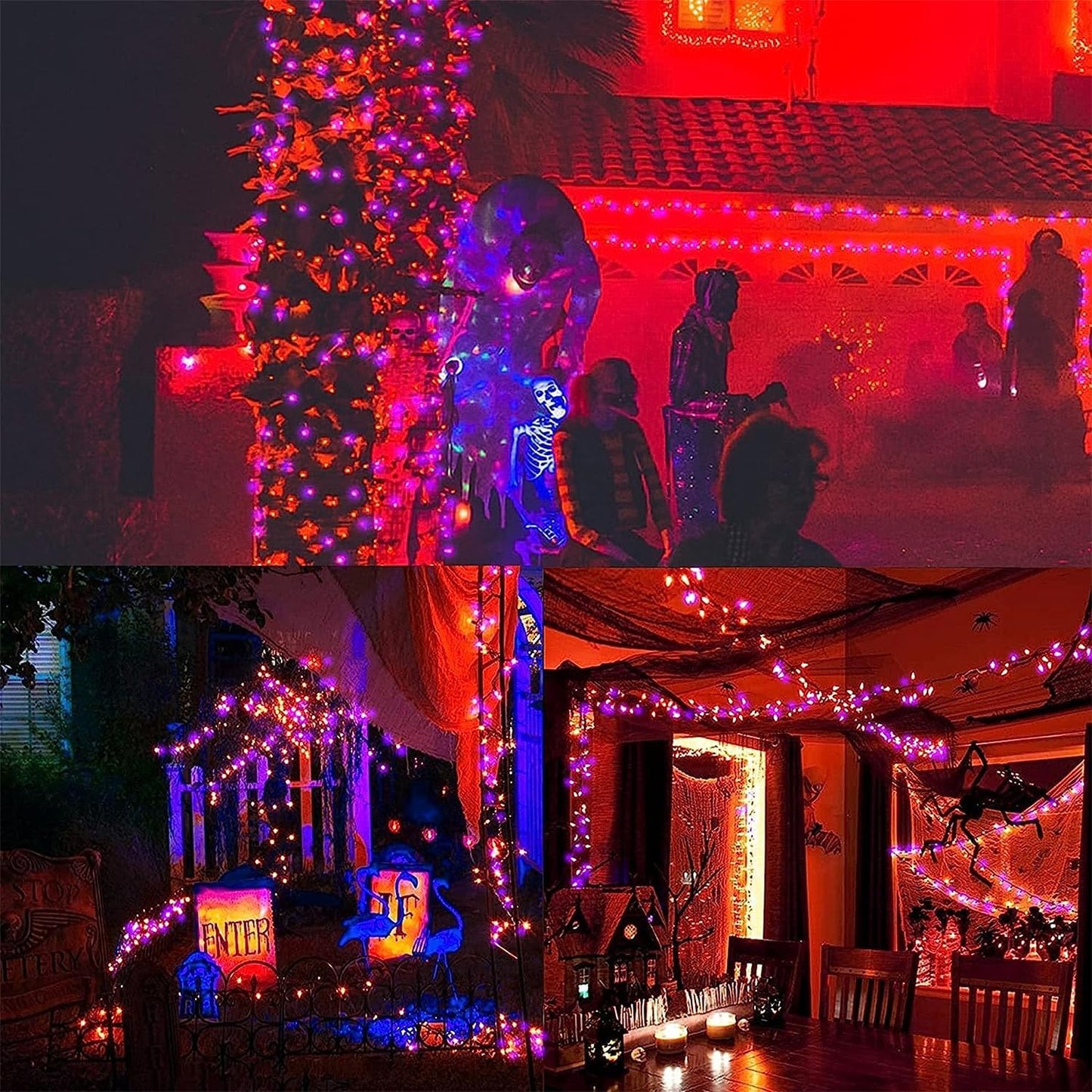WATERGLIDE 2 Pack 50 LED Outdoor Halloween Lights, 16 FT Mini String Light with 8 Modes, Waterproof Battery Operated Tree Lights for Indoor Outdoor Patio Garden Party Decoration, Orange & Purple