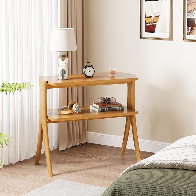 Tribesigns Narrow Side Table for Living Room, Farmhouse End Table with 2-Tier Storage Shelf and Solid Wood Legs, Slim Tall Bedside Table Nightstand for Bedroom, Small Spaces, Entryway, Brown(1)