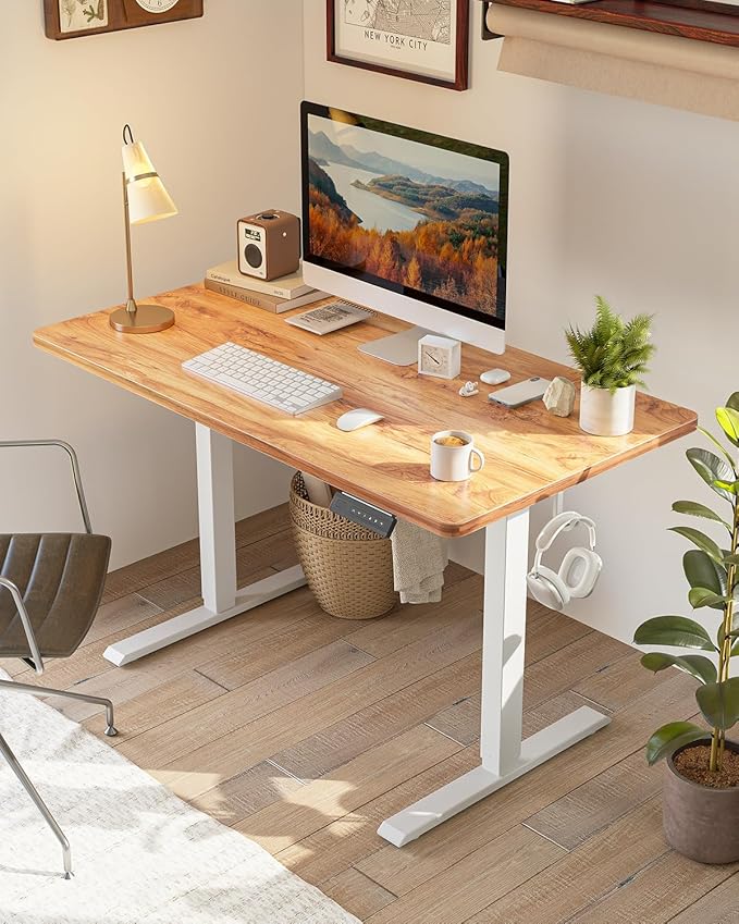 FEZIBO One-Piece Standing Desk Adjustable Height Stand up Home Office Desk, 55x24 Inch Electric Standing Computer Desk, with 4 Memory Presets, Headphone Hook, Light Rustic