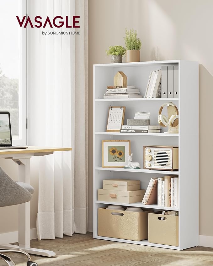 VASAGLE Custos Collection - Bookshelf, 5-Tier Bookcase, Book Shelf, Open Storage Shelf, 9.4 x 30 x 52.8 Inches, for Living Room, Home Office, Dinning Room, Cloud White ULBC175T14