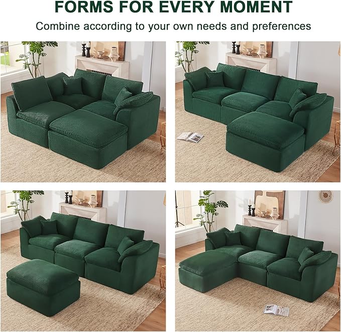 112" Cloud Sectional Couch, Boneless couches for Living Room, L Shaped Couch with Convertible Ottoman, Modular Sectional Sofa with Deep Seat, Comfy Soft Cushions, No Assembly, Green