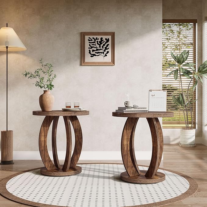 Tribesigns End Table, Round Side Table with Storage, Farmhouse Nightstand Bedside with Round Tabletop, Accent End Table for Living Room Bedroom Small Space, Wooden Accent Furniture (2, Dark Brown)