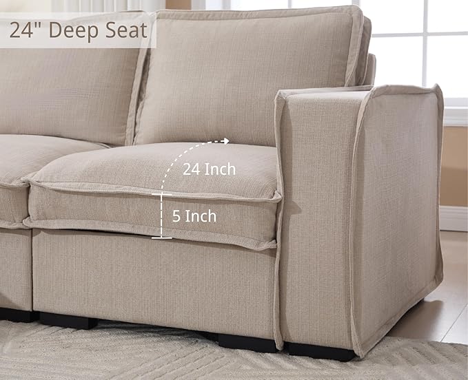 EALSON 93" Modular Sectional Sofa Modern Comfy 3-Seater Couch Sofa Linen Fabric Upholstered Cloud Couches with 24" Deep Seat and Wooden Legs for Bedroom/Living Room/Office, Oatmeal
