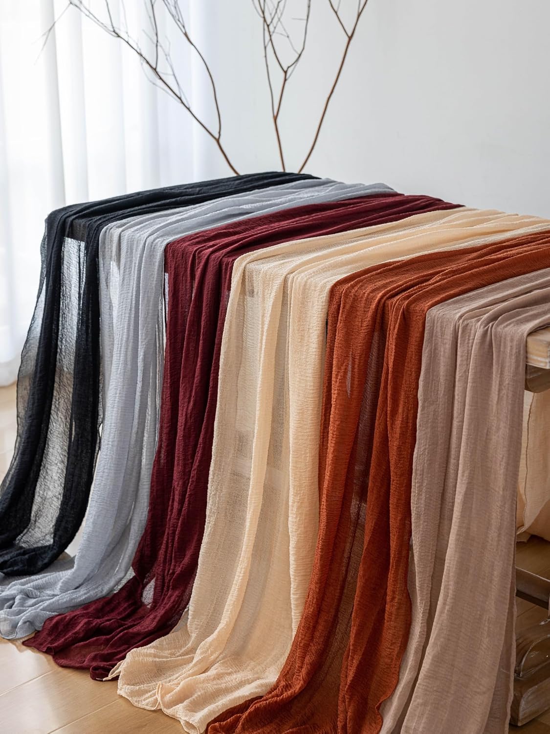 3pcs Halloween Table Runner Black Cheesecloth Gauze Rustic Premium Cotton Cheese Cloth Table Runner 120 Inch 10 FT for Wedding Bridal Baby Shower Long Sheer Boho Decorations