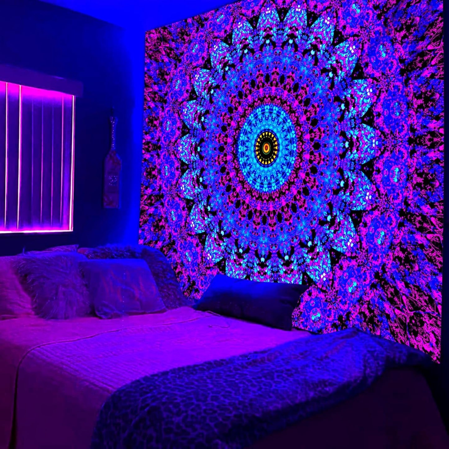 Blacklight Mandala Boho Tapestry, Black Light Bohemian Hippie Poster for Adults and Teens, UV Reactive Aesthetic Wall Art Decor for Bedroom (40 x 30 Inches)