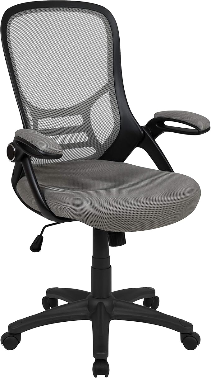 Flash Furniture Porter High-Back Swivel Office Chair with Adjustable Lumbar Support and Seat Height, Ergonomic Mesh Desk Chair with Flip-Up Armrests, Gray/Black