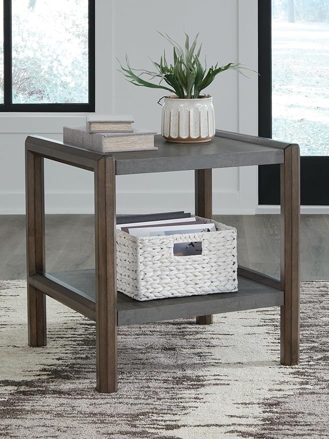 Signature Design by Ashley Kallenny Contemporary End Table with Faux Cement Top and Open Shelf, Dark Brown & Gray