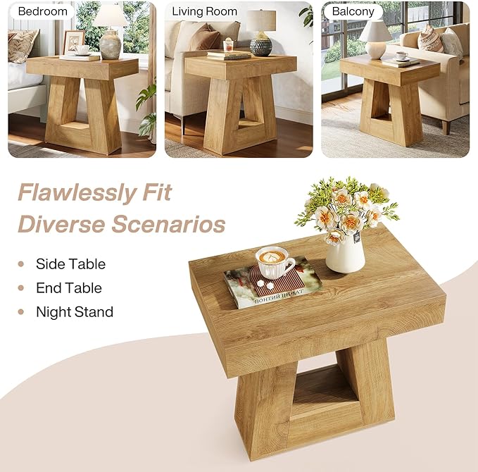 Tribesigns 24" Modern Side Table, 2-Tier Narrow Wooden End Table with Trapezoid Base, Farmhouse Small Nightstand for Living Room, Bedroom, Natural Wood Color