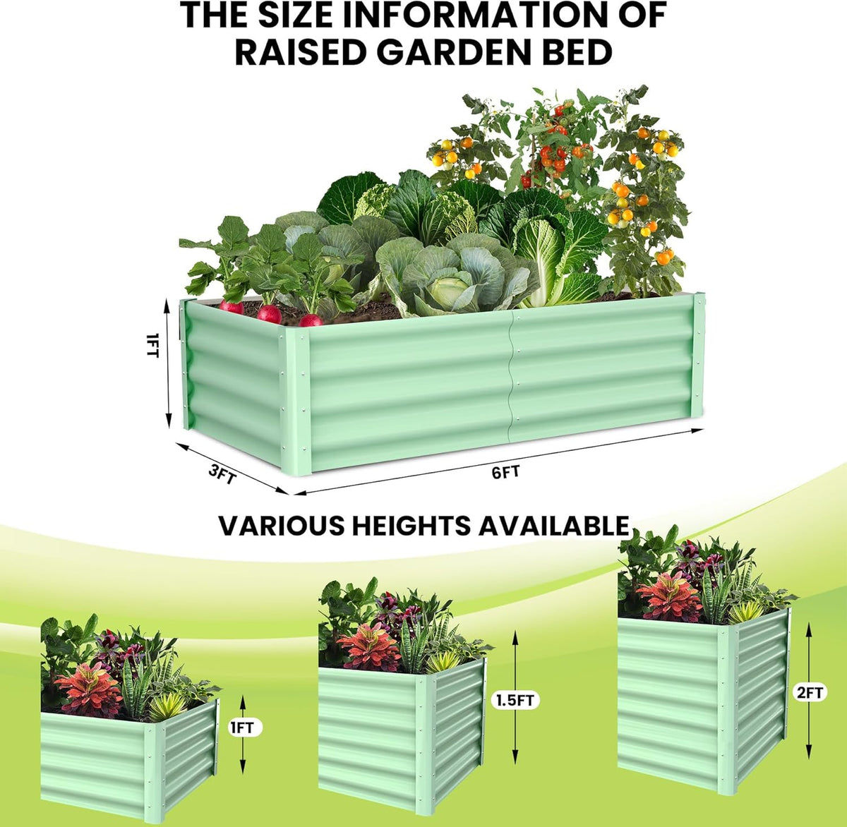 Galvanized Raised Garden Bed Outdoor, 2 Pcs 6x3x1FT Outdoor Large Planter Raised Beds Open Base with Safety Edge and Glove for Vegetables Flowers Ground Planter, Green