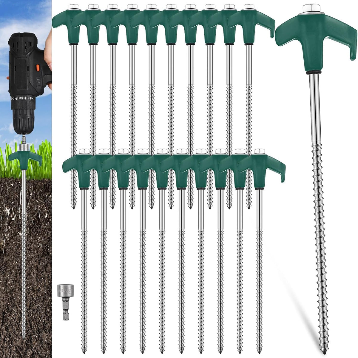 Hicarer 20 Pcs 20 Pcs 8'' Screw in Tent Stakes Heavy Duty Ground Metal Stakes for Inflatables with Hex Head Driver for Outdoor Camping Tent Inflatable Garden Decor (Dark Green)