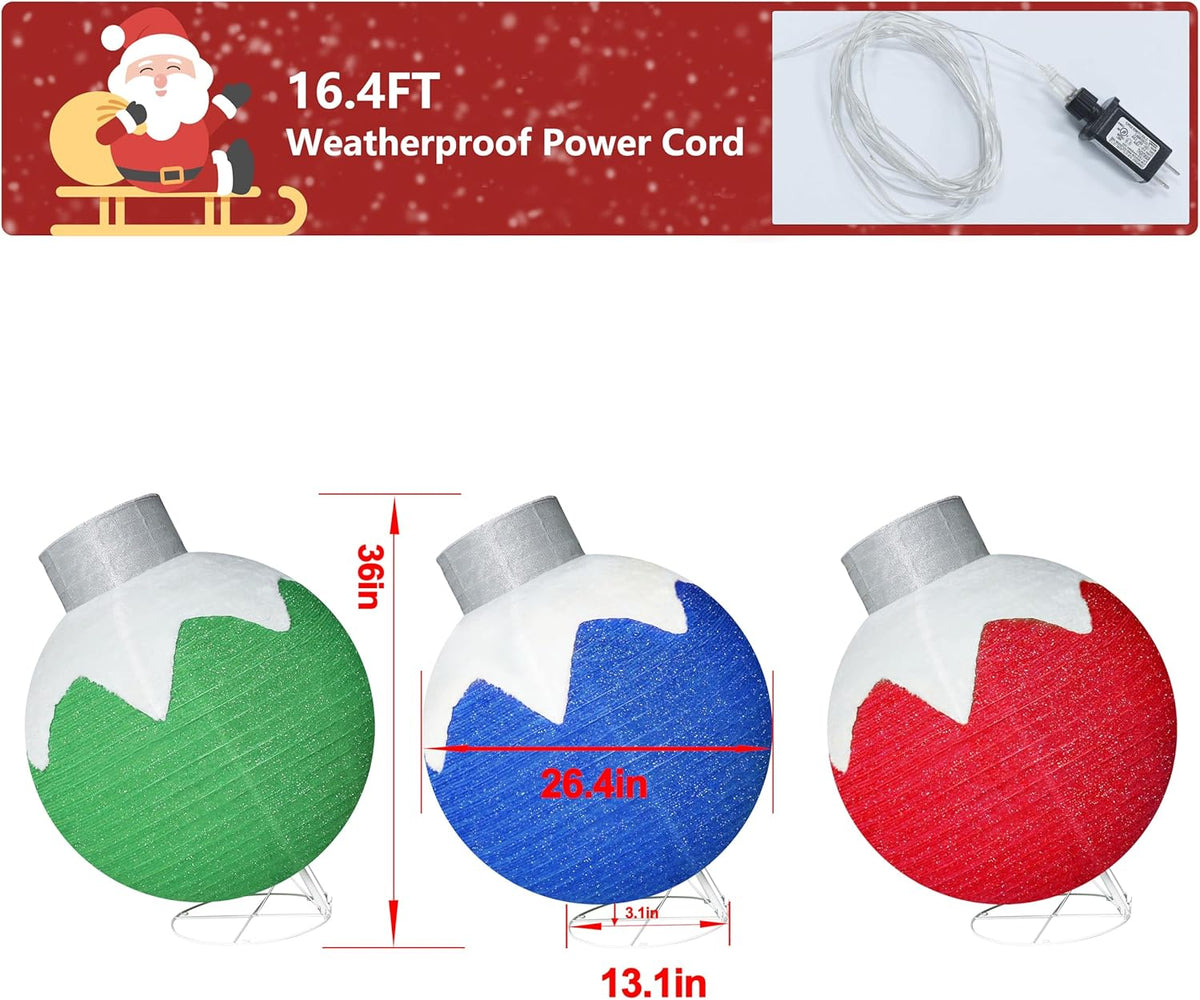 36 Inch Pop-Up Christmas Ball with 90 LED Lights for Outdoor Xmas Decor, 3-Piece Pre-Lit Iridescent Christmas Ball Ornaments Decor with Base, Outdoor 3D Glittered Standing Holiday Display