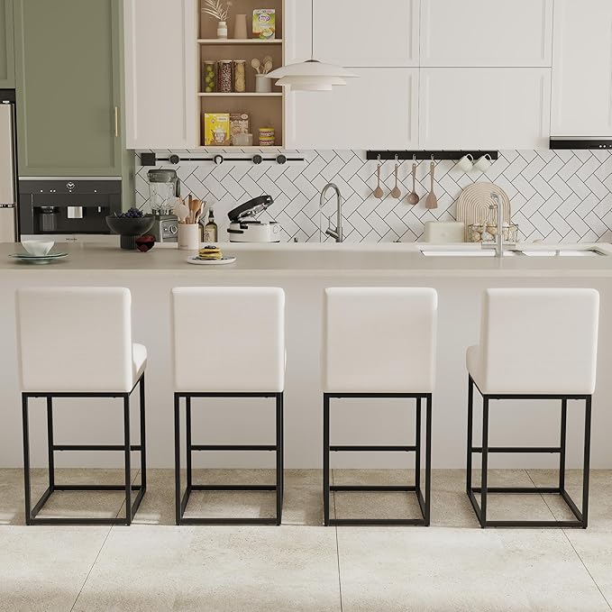27" Height Cream Fabric Bar Stools Set of 2 Counter Height Stools with Back and Footrest for Kitchen Modern Metal Barstools, Linen Upholstered Farmhouse Bar Chairs Island Stool