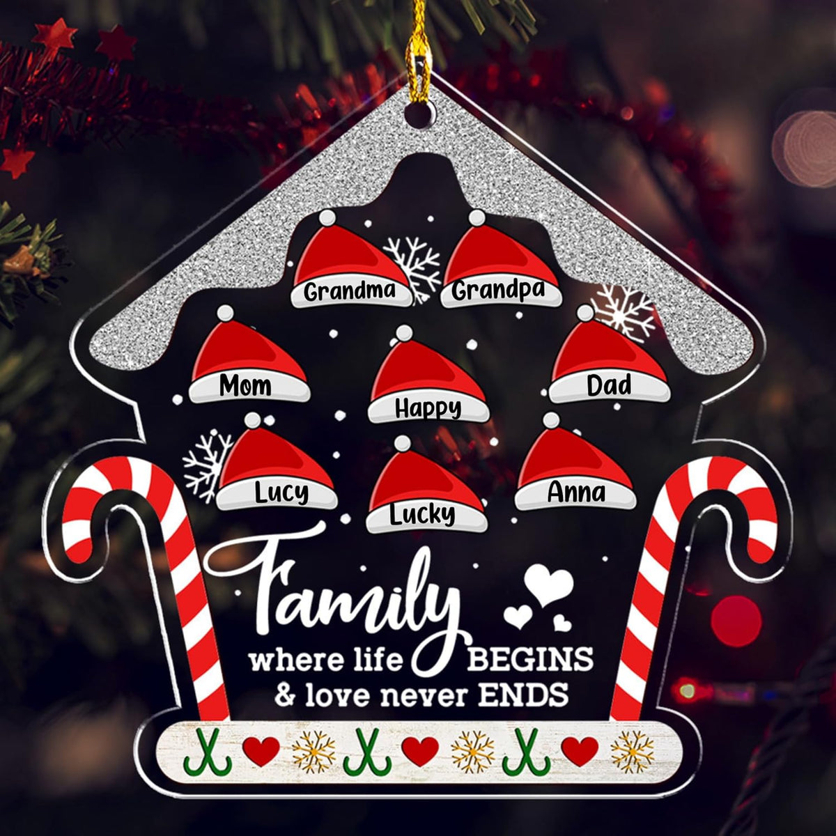Personalized Chrismas Ornament 2025 - Love Never Ends, Custom Name Charms Family Members up to 10 People, for Family, Friends, and Loved Ones