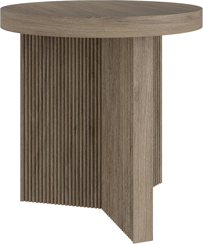 Henn&Hart 22" Fluted Scandinavian Round End Table, Ribbed Side Table, Nightstand for Living Room, Office, Family Room, or Bedroom, Antiqued Gray Oak