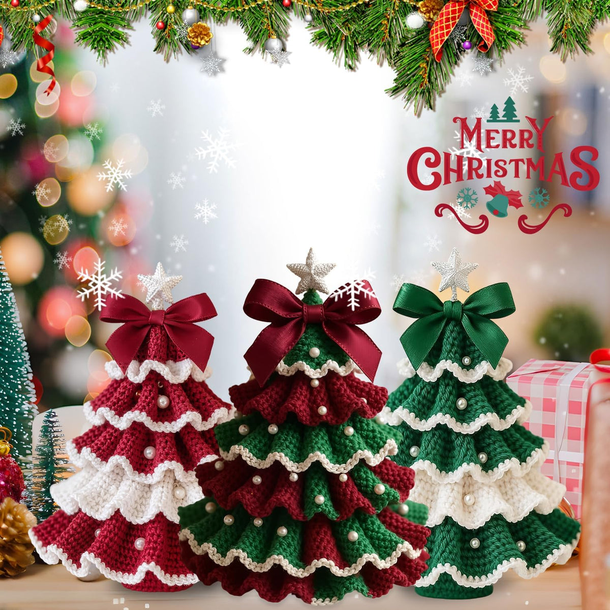SHANGFEI DIY Crochet Christmas Tree Kit,Handmade Crochet Christmas Tree,Tree Bow Pearl Embellishment,Beginner Christmas Crochet Kit,Christmas Craft Kit(Red+Green)