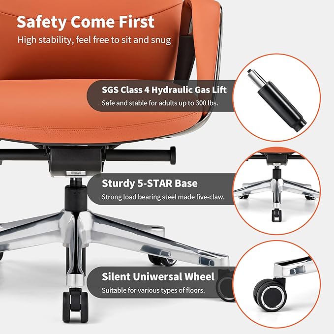 EUREKA ERGONOMIC Serene Executive Office Chair Genuine Leather, Modern Executive Chair 135° Back Support Comfy Desk with Arms & Aluminum Base for Home-Orange