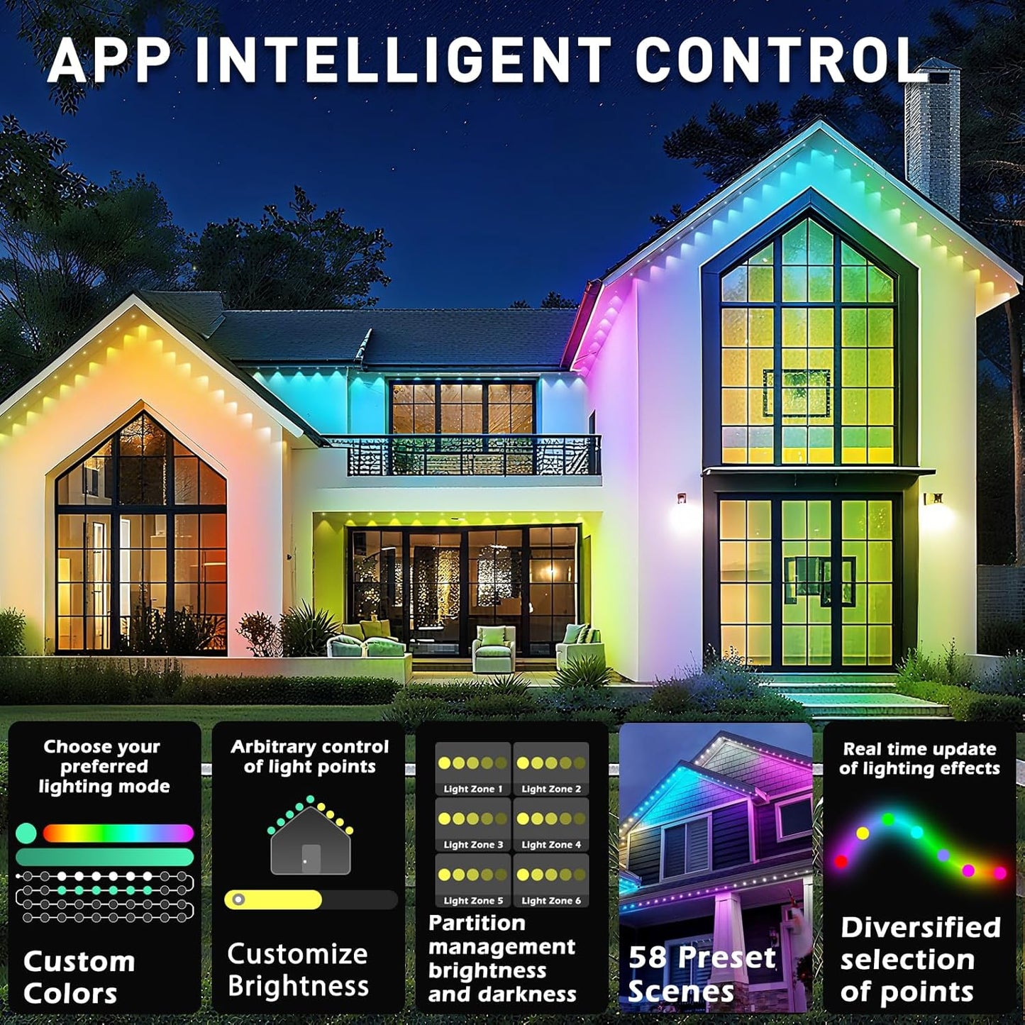 100ft Permanent Outdoor Lights,for House Roof, Christmas, Holiday, Party, Daily Lighting, IP67 Waterproof,RGB Eaves Lights with Multi Scene Modes for Halloween