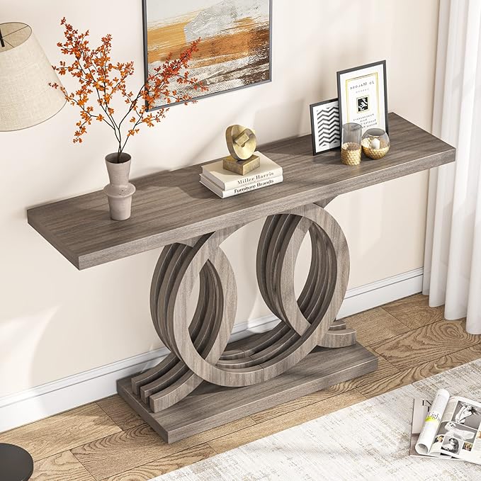 Tribesigns 55 inches Console Table with Geometric Base, Farmhouse Hallway Table, Wooden Entryway Sofa Table, Unique Long Accent Table for Decoration and Organization (Grey)
