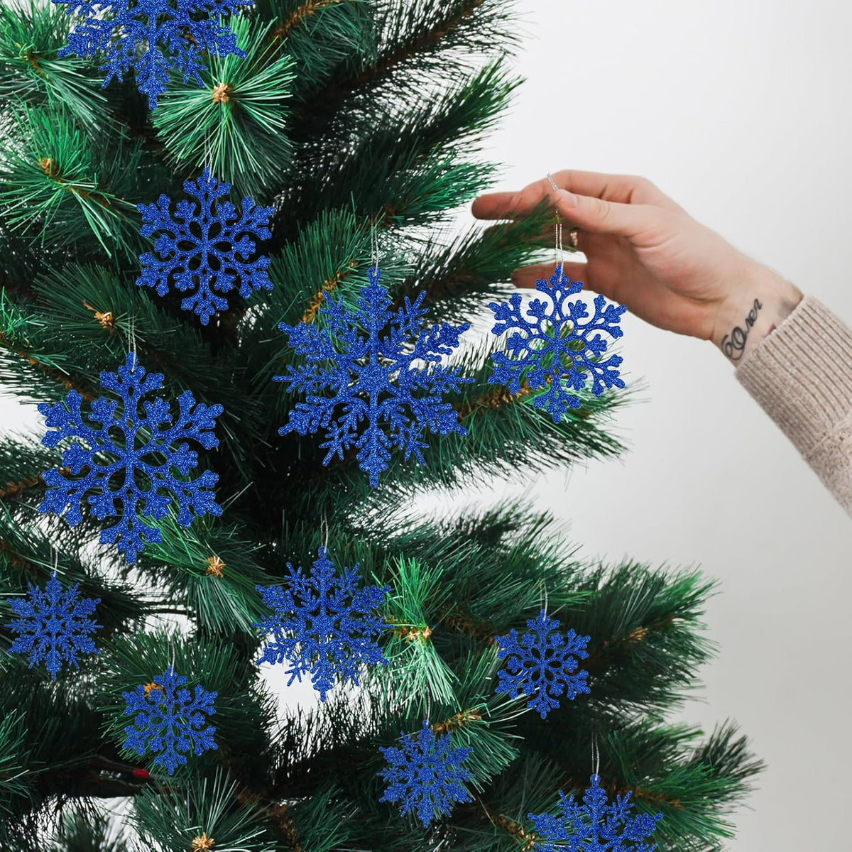 36pcs Christmas Navy Blue Snowflake Ornaments Plastic Glitter Snow Flakes Ornaments for Winter Christmas Tree Decorations Size Varies Craft Snowflakes