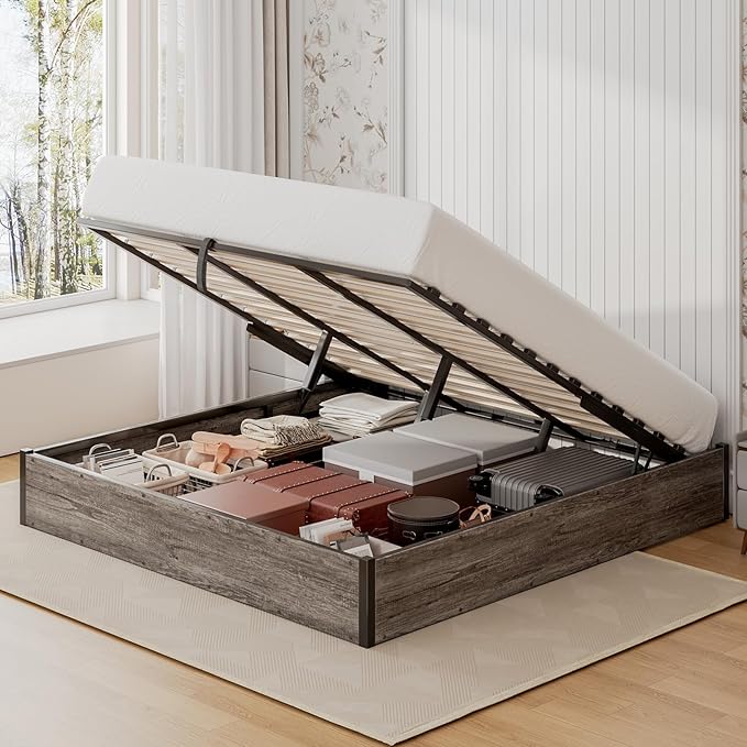 Lift Up Storage Bed Frame, King Size Wooden Platform Bed with Large Storage Underneath, No Box Spring Needed, Noise Free, Rustic Grey