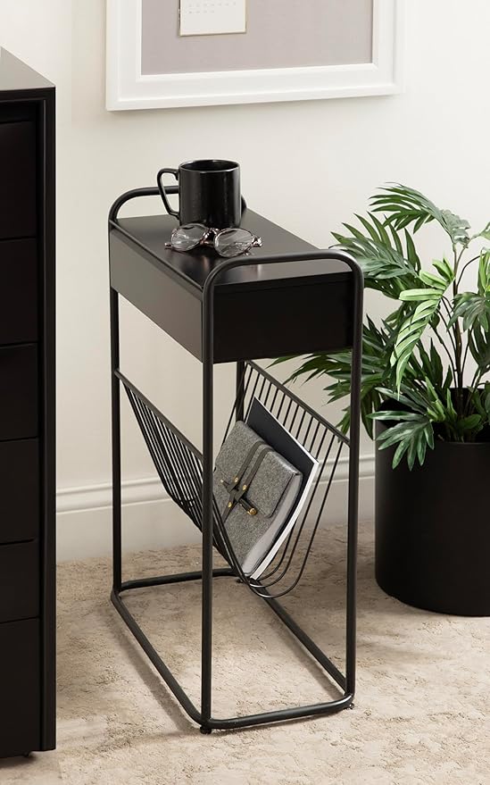 Kate and Laurel Kura Elegant Narrow Side Table, 19 x 9 x 26, Black, Modern Glam Slim Lift-Top Living Room End Table with Bottom Wire Rack for Entryway or Family Room Storage