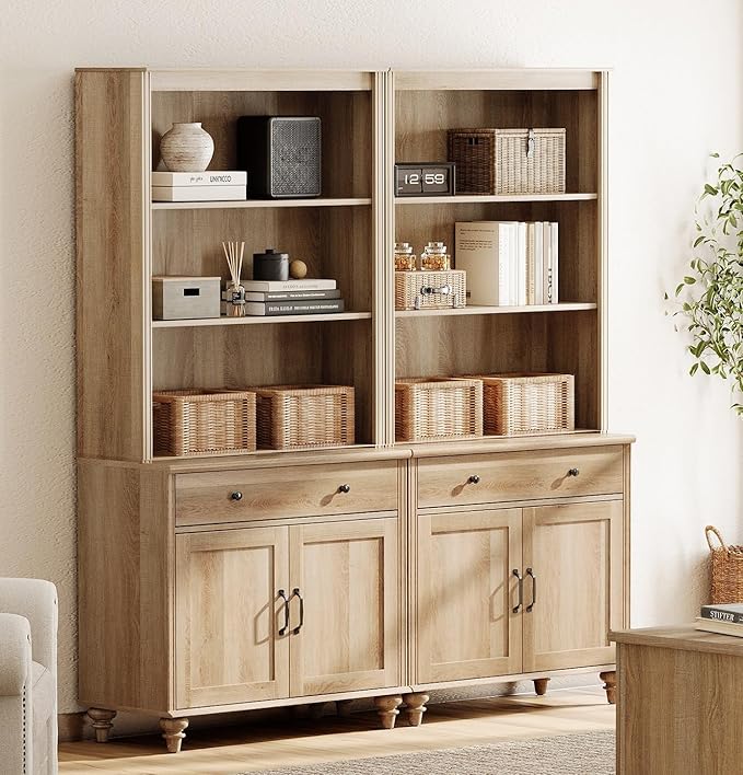 WAMPAT 5 Tier Bookshelf 72" Tall Bookcase with Barn Doors, Large Farmhouse Display Book Shelf with 2 Drawers and Storage Cabinet, Library Wood Bookshelves for Living Room,Kitchen, Oak(2PCS)