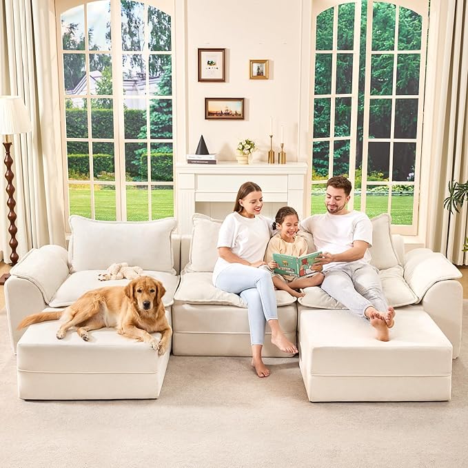 Hobestluk 120" Cloud Modular Sectional Couch 3-Seater Sofa with Ottomans U Shaped Couch Deep Seat Sofa with Removable Cover Large Sofa for Living Room (Beige, 3-Seater Sofa with Two Ottomans)
