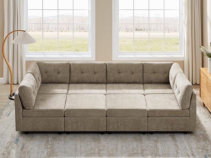 VANOMi 6 Seat Modular Cloud Sofa with 2 Ottomans, 118" Convertible Modular Sectional Sofa Bed, Comfy Chenille Sofas & Couches for Living Room, Apartment, Office, Camel, Large Sofa Bed