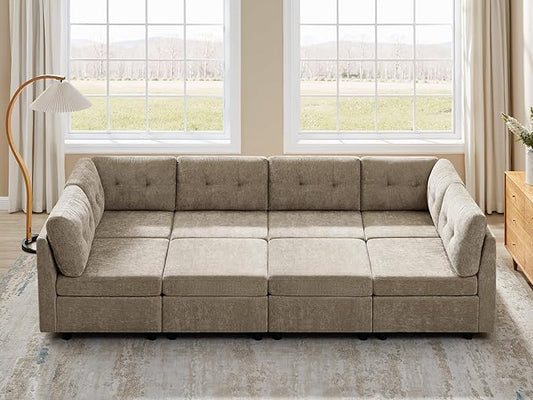 VANOMi 6 Seat Modular Cloud Sofa with 2 Ottomans, 118" Convertible Modular Sectional Sofa Bed, Comfy Chenille Sofas & Couches for Living Room, Apartment, Office, Camel, Large Sofa Bed