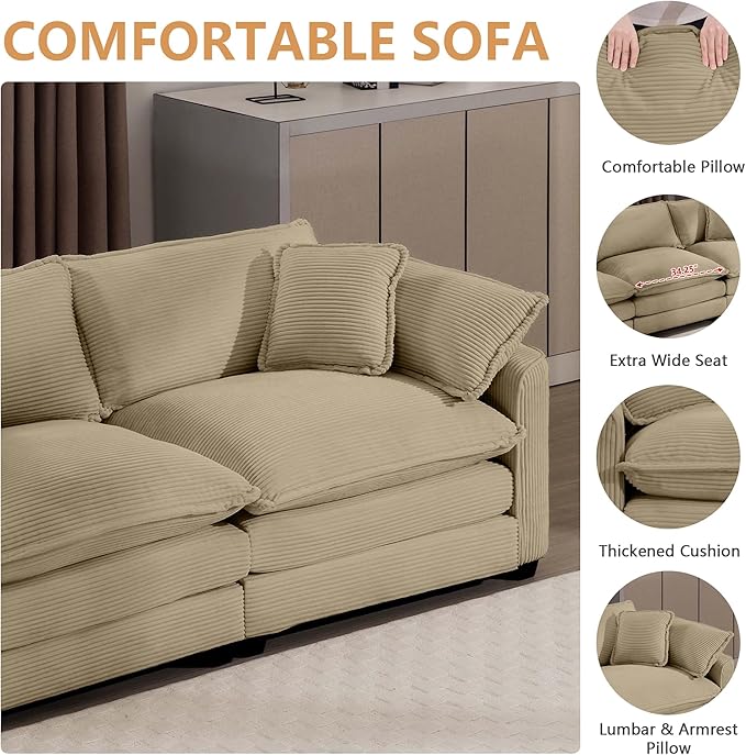 mikibama Luxury 3 Piece Sofa Set, 3-Seater & 2 Single Sofa Set, Modern Corduroy Comfy Cloud Couches Set for Living Room Office with 2 Armrest Pillows and 5 Toss Pillows, Camel