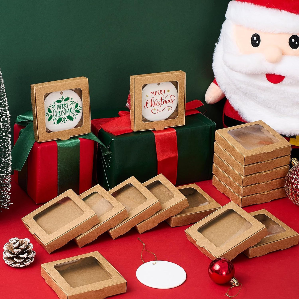 25 Pcs Sublimation Ornament Blanks Box 3.6"x3.6"x0.7" Christmas Ornaments Holder Ceramic Discs Packaging Box with Window for Personalized Xmas Tree Blanks Bulk (Kraft Paper)