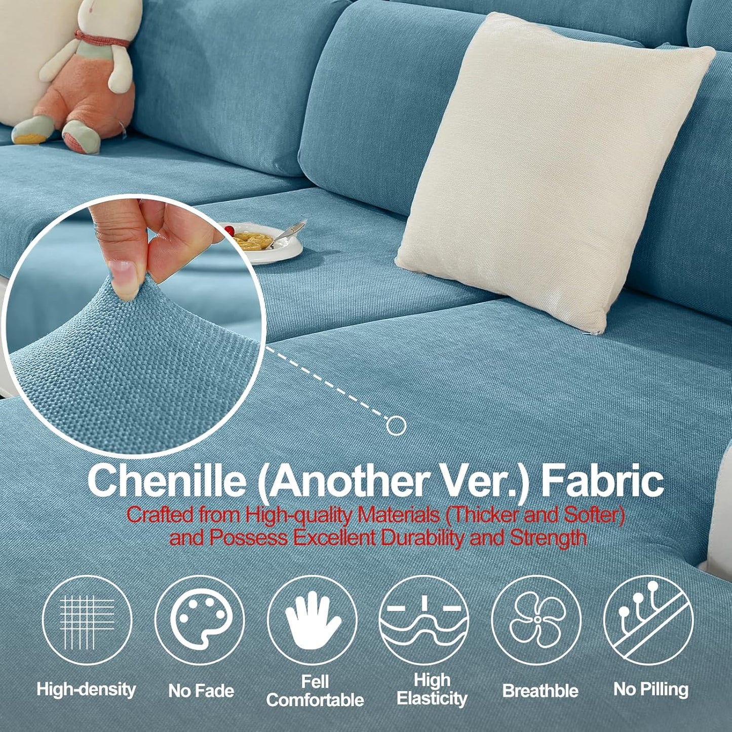Couch Cushion Covers Individual Large Super Stretch Chenille (Softer Version) Sofa Cushion Covers, Couch Seat Covers Couch Slipcovers Furniture Protector (2PC, Blue)