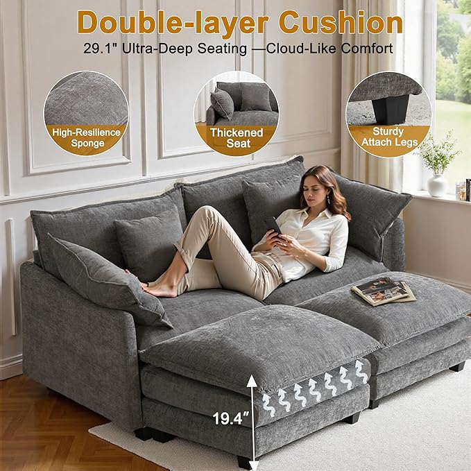 Expandable L-Shaped Sectional Sofa with Ottoman for Apartments, 77" Cloud Chenille Sofa, Create a U-Shape Layout with Optional 2nd Ottoman, Solid Wood Frame, Easy Assembly