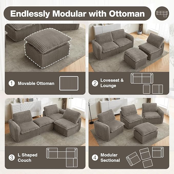 110'' Boneless Modular Cloud Couch for Living Room, Comfy Cloud Modular Sectional Couch with Ottoman, Convertible L Shaped Couches for Apartment, Dorm, No Assembly Required, Camel Corduroy