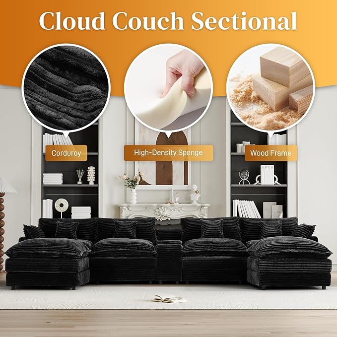 HYJT-H&K 145" U Shaped Cloud Couch Modular Dark Black Sectional Couches for Living Room, Comfy Fluffy Corduroy Oversized Cloud Sectional Couch Large 6 Seat Sectionals Sofa Set Central Console USB Port