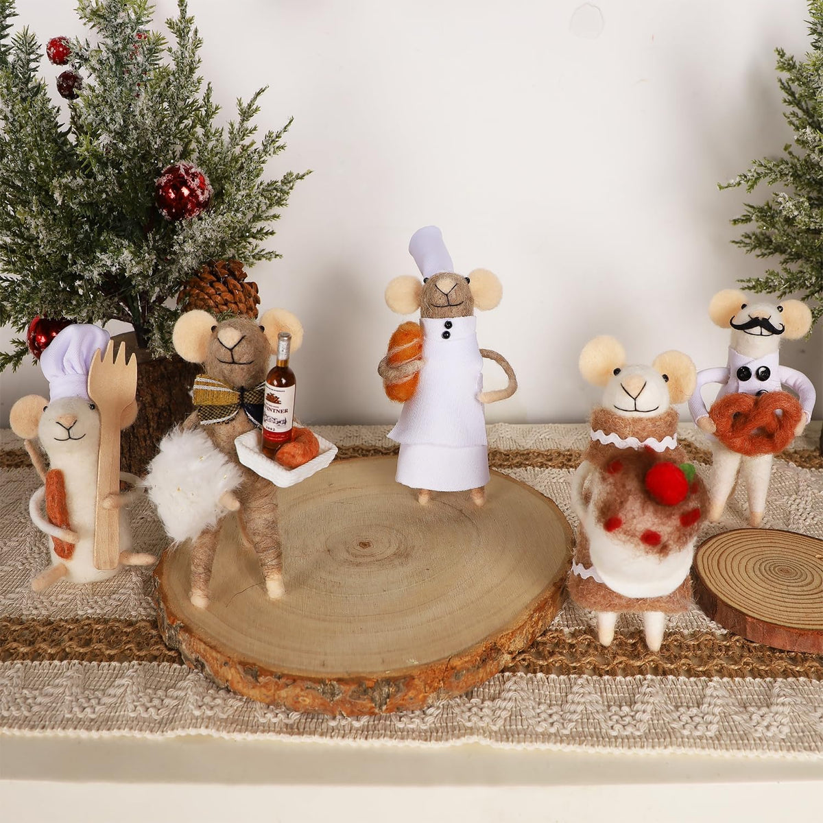 Set of 5 Christmas Felt Mice Ornaments, 4.7" Mini Hanging Wool Chef Mouse Figurines, Tiered Tray Tabletop Decor, Animal Crafts Cute Xmas Tree Festival Holiday Easter Gifts Home Office Party Supply