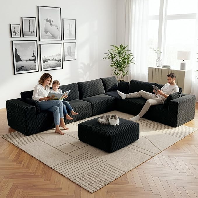 L-Shape Cloud Modular Sectional Sofa Couch,Modern Boneless Sectional Couch with Deep Seat,Upholstered Couches for Living Room Bedroom,No Assembly Required,Black