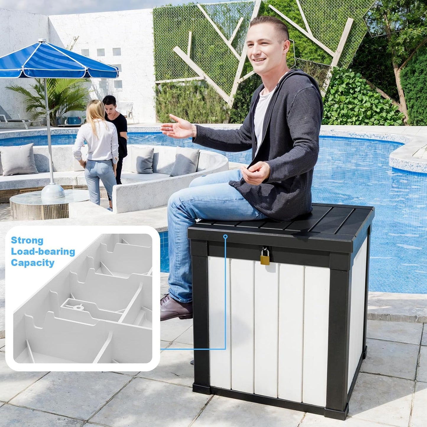 50 Gallon Resin Deck Box, Lockable Outdoor Storage Box for Patio Cushions Storage Furniture,Garden Tools, Pool Supplies, Weatherproof and UV Resistant (Black&White)