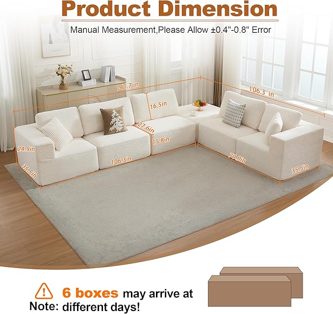 Cloud Modular Sectional Sofa Couch,L-Shape Modern Boneless Sectional Couch with Deep Seat,Upholstered Couches for Living Room Bedroom,No Assembly Required,Beige