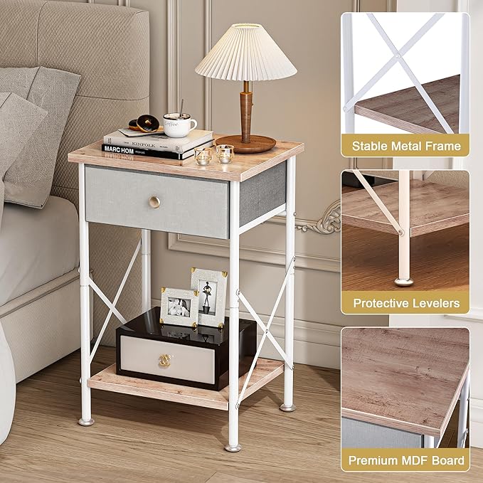 VECELO End Tables, Modern Nightstand with Fabric Drawer & Open Shelf, Night Stand for Bedroom Living Room, Industrial Metal Frame, Easy Assembly, Light Brown,1 Pack