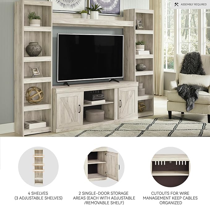 Signature Design by Ashley Bellaby Farmhouse 4-Piece Entertainment Center for TVs up to 69" with Adjustable Shelves, Whitewash
