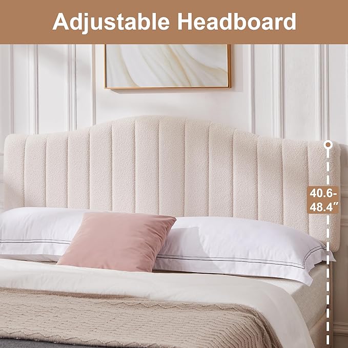 VECELO Queen Size Bed Frame Upholstered Platform Beds with Height-Adjustable Teddy Fabric Headboard, Strong Wood Slats 7.9'' Under Bed Storage Space Noise-Free No Box Spring Needed, Cream