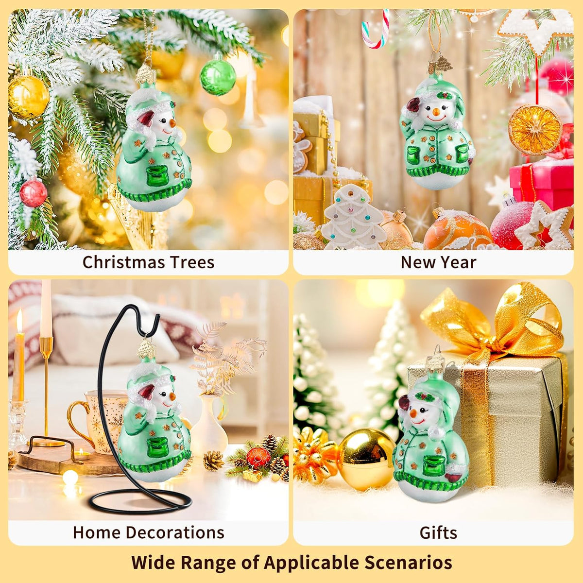 Snowman Christmas Ornaments,Glass Blown Ornaments for Christmas Tree,Green Snowman Collection Figurine Hanging Ornaments,Christmas Decorations for Xmas Tree Holiday Party Daily Gifts
