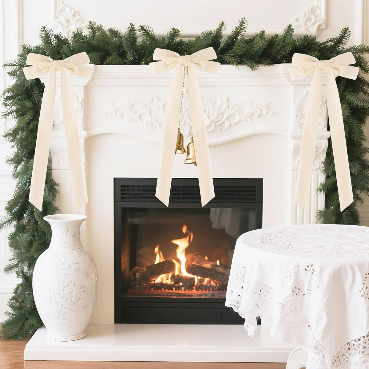 Senjie Velvet Large Christmas Bows for Staircase Garland Wreath, 20in x 8in Vintage Ribbon Bows with Twist Tie for Xmas Tree Holiday Indoor Outdoor Decorations (6Pcs, Beige)