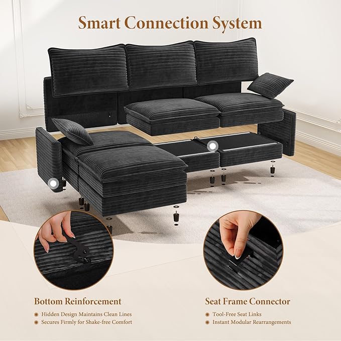Vesgantti 108" Sectional Sleeper Sofa, 6-Seater Oversized Modular Cloud Couch with Movable Ottoman, Corduroy Large Sofa Bed Convertible Deep Seat Couches for Living Room, Bedroom and Apartment, Gray