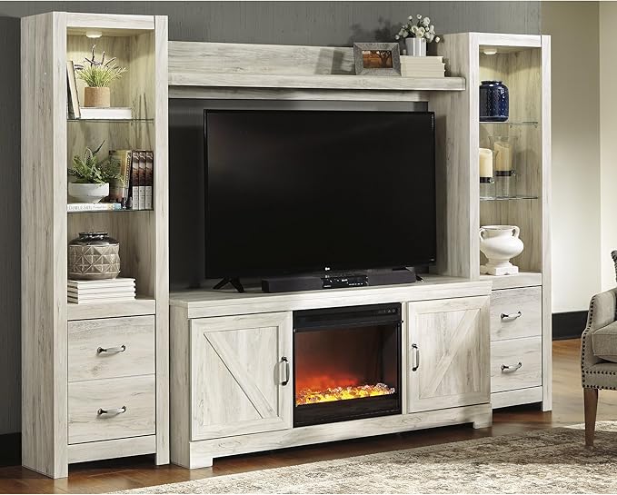 Signature Design by Ashley Bellaby Farmhouse 4-Piece Entertainment Center for TVs up to 72" with Fireplace and LED Lighting, Whitewash