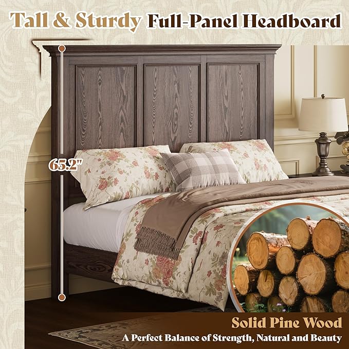 AMERLIFE Solid Wood King Bed Frame with 65.2" High Headboard, Traditional Platform Bed with Heavy Duty Slats, No Box Spring Needed, Easy Assembly, Dark Brown